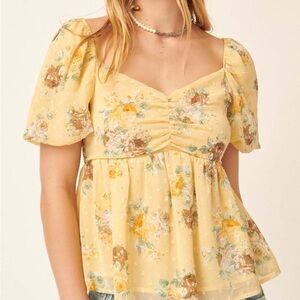 Alter’d State Large Floral Sweetheart Puff Sleeve Peplum Top SUNSHINE Yellow
